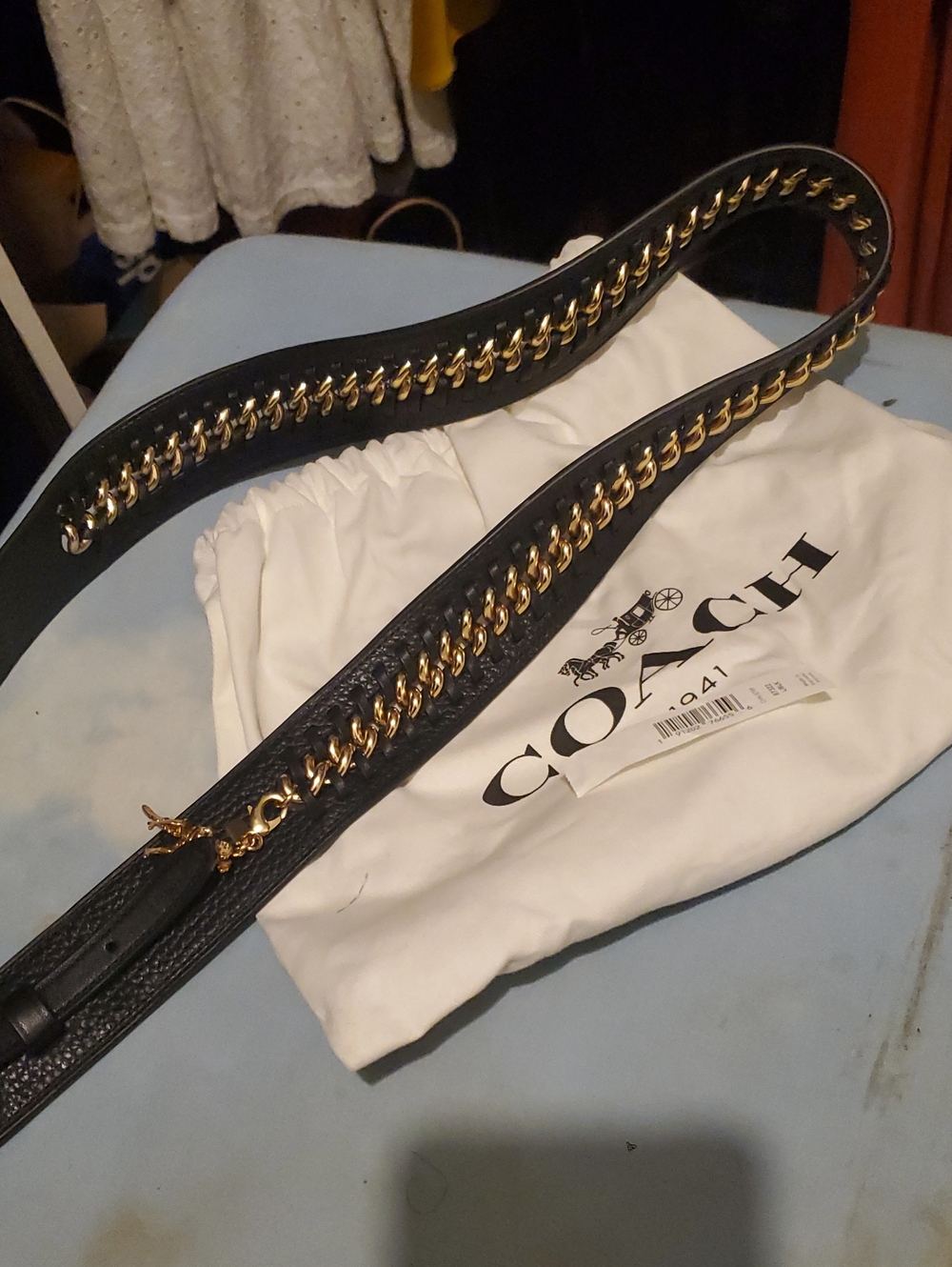 Coach Black Leather Strap with Gold Chain Accent